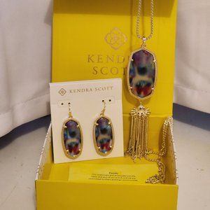 Kendra Scott Elle earrings/Rayne tassel pendant necklace with Teal Tie Dye NWT